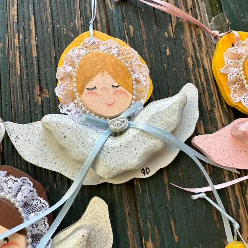 Vintage 1990‎ Handmade Dough Angel Ornaments Set of 5 Lace Pearl Cottagecore 90s